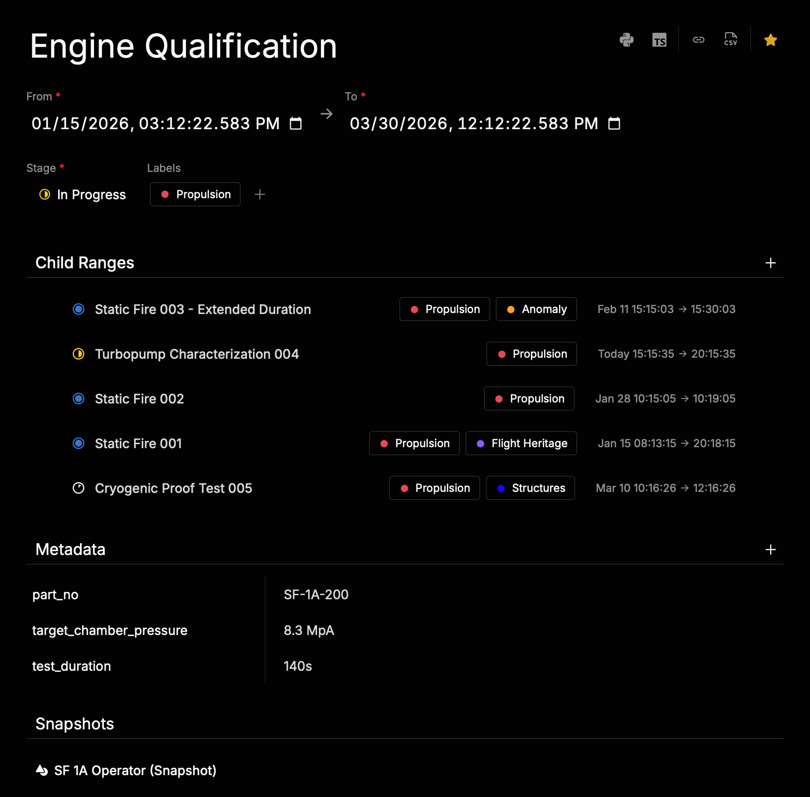 Range detail panel showing metadata, labels, and hierarchy